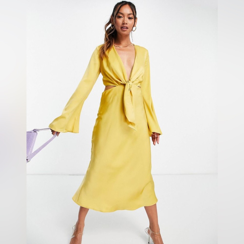 ASOS DESIGN tie front satin midi dress with flared sleeve and cut out side NWT